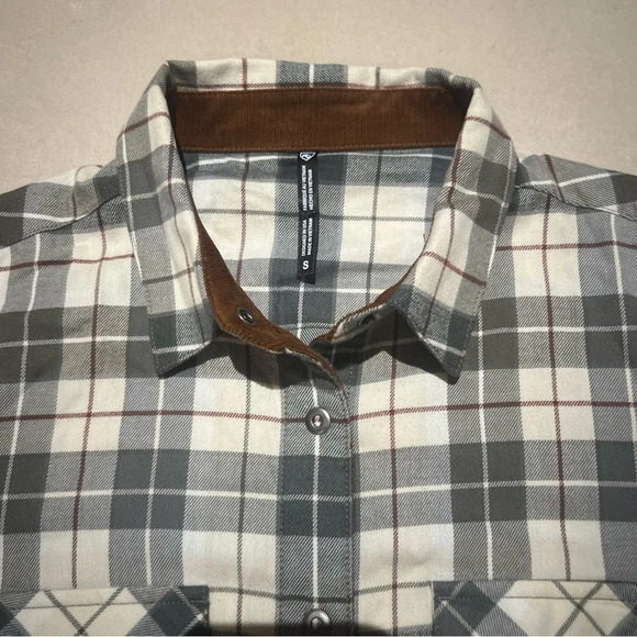 Kuhl Plaid Grey White Brown Full Snap Corduroy Collar Flannel Shirt S - Picture 2 of 8